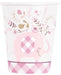 Pink Floral Elephant 9-ounce cup with a pink elephant, floral accents, tiny bird detail, and pink gingham border on a white background.