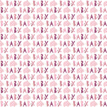 Pink floral elephant baby shower gift wrap with repeating “Baby” lettering, pink elephants, and floral accents on a white background.