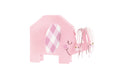 Pink floral elephant centerpiece fold decoration with a gingham-patterned ear, smiling face, flower accents, and pink-and-silver fringe detail.