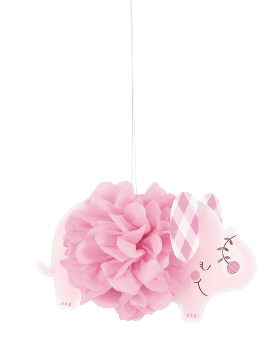 Pink Floral Elephant hanging puff decoration with pink tissue body, gingham ear detail, rosy cheek, floral accent, and hanging string.