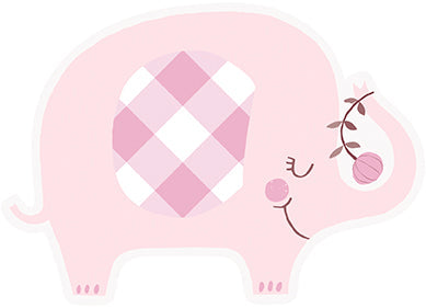 Pink Floral Elephant invitation shaped like a pink elephant with gingham ear detail, rosy cheek, and floral accent.