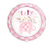 Pink Floral Elephant 18-inch foil balloon with pink elephant, “BABY” text, floral accents, tiny bird detail, gingham border, and pink trim.