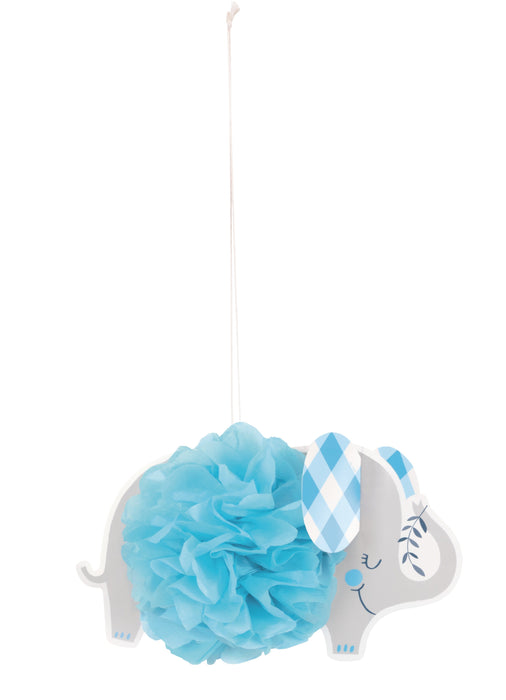 Blue floral elephant hanging puff decoration with a gray elephant cutout, blue gingham ear, floral detail, and fluffy blue tissue puff body.