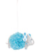 Blue floral elephant hanging puff decoration with a gray elephant cutout, blue gingham ear, floral detail, and fluffy blue tissue puff body.