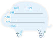 Blue floral elephant-shaped baby shower invitation with fill-in lines for date, time, place, RSVP, email, and guest details.