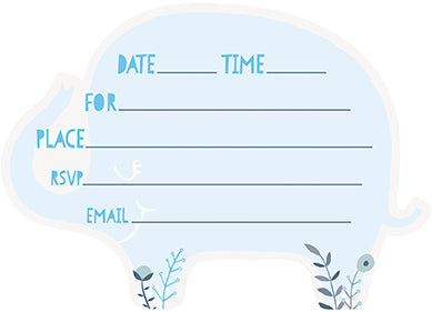 Blue floral elephant-shaped baby shower invitation with fill-in lines for date, time, place, RSVP, email, and guest details.