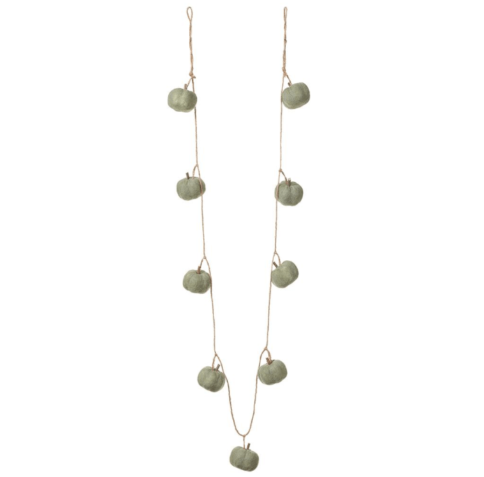 Two strands of natural twine each suspended with nine sage green felt pumpkins arranged vertically, connected at the bottom to form a garland.
