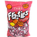 Pink bag of Tootsie Frooties fruit-flavored chewy candy featuring colorful fruit illustrations including oranges, lemons, and cherries, with individual wrapped candies visible through the clear window.