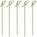 Five green bamboo cocktail picks with decorative loop tops and leaf-shaped frills are arranged in a row against a white background.