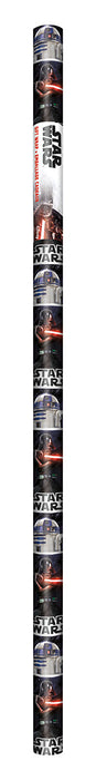 Star Wars gift wrap roll featuring repeating Star Wars logos, R2-D2, Darth Vader, and dark sci-fi character artwork.