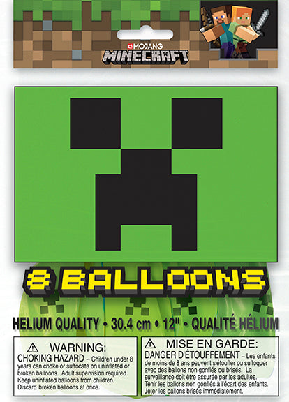 Minecraft 12-inch latex balloon pack with green Creeper face design and Minecraft-themed packaging.