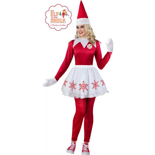 A women wearing a Adult The Elf on the Shelf® Missy Elf Costume.