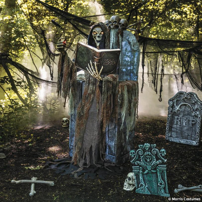 Full-length product photo of the 7 Ft. Animated Light-Up Soul Collector, shown against a plain white background — posed as an animated figure, with glowing light-up details. A Halloween decoration.