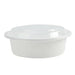 White round plastic hinged container with clear dome lid, approximately 32 ounces capacity, shown from a front angle against a white background.
