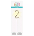 Number 2 shaped sparkler candle with gold radiating spikes on a stick, packaged in a cardboard header card labeled Party Sparkler.