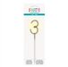 Gold number 3 cake topper with a thin metal stick on white packaging labeled Party.