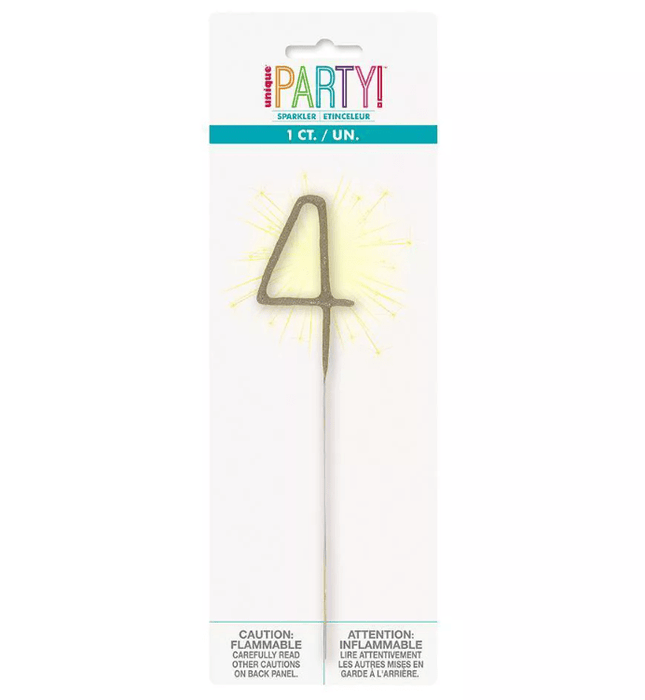 Gold number 4 sparkler candle with radiating light effects on white stick, packaged in cardboard with colorful "Party" header and bilingual safety caution label.