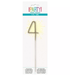 Gold number 4 sparkler candle with radiating light effects on white stick, packaged in cardboard with colorful "Party" header and bilingual safety caution label.