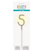 Gold number 5 sparkler candle with radiating spikes on white packaging labeled Party with usage caution text at bottom.