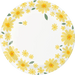White 7-inch paper dessert plate featuring a border of yellow daisy flowers with golden centers and green leaf accents.
