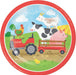 Red-bordered paper plate with farm scene illustration featuring a red tractor, cow, goat, pig, rooster, duck, yellow barn, and green pasture under blue sky with clouds.