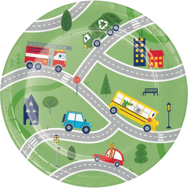 Green circular paper plate with illustrated roads, vehicles including a fire truck, bus, car, and buildings on a landscape background.