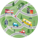 Green circular paper plate with illustrated roads, vehicles including a fire truck, bus, car, and buildings on a landscape background.