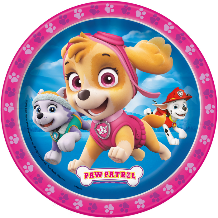 Paw Patrol Girl 7-inch paper plate featuring Skye, Everest, and Marshall with a pink paw-print border.