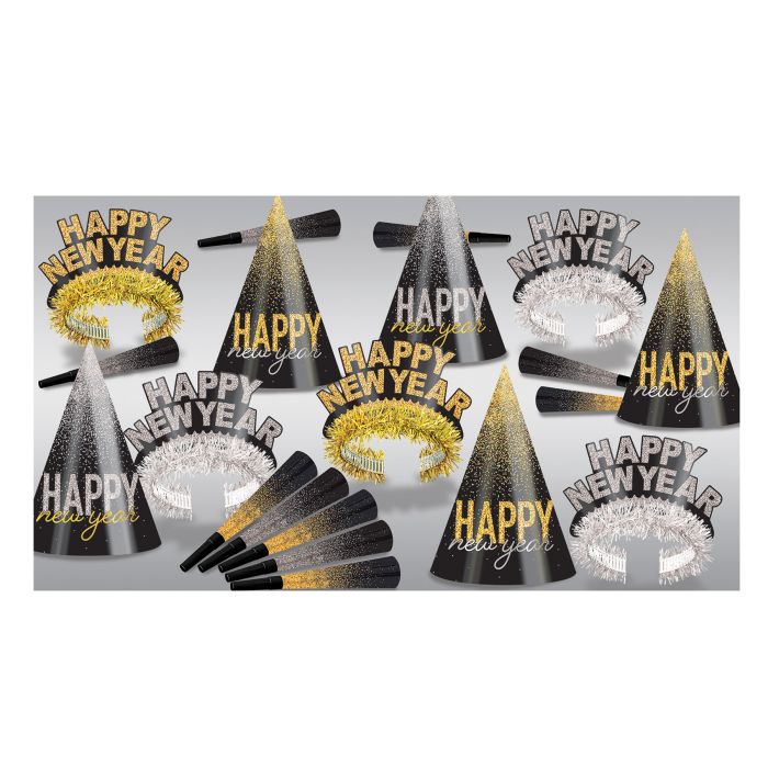 20 Piece New Year's Silver & Gold Midnight Burst Party Kit, for 10 People. 