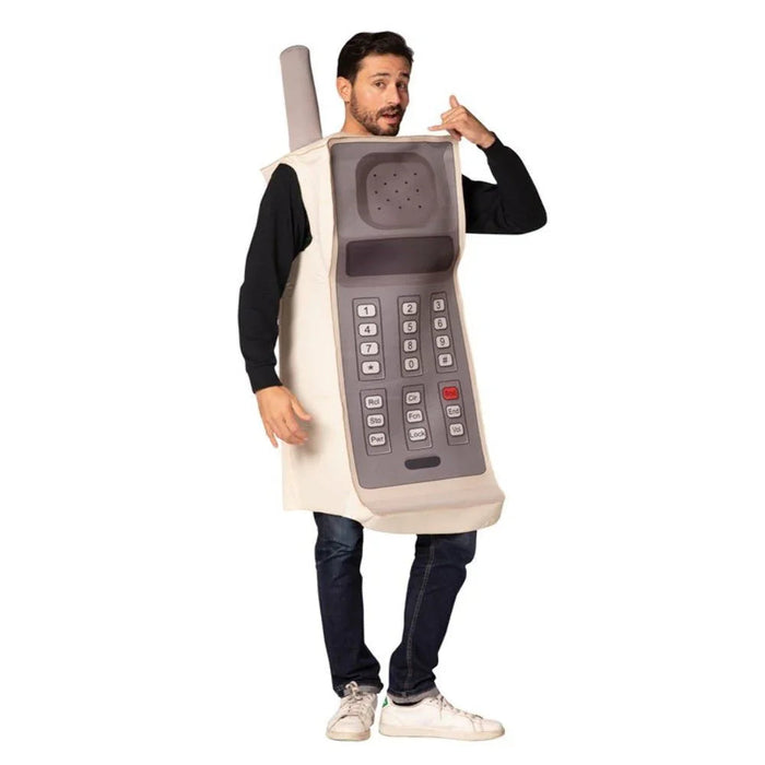 Man wearing a beige and gray retro brick cell phone costume with a large antenna, numeric keypad, and display screen.