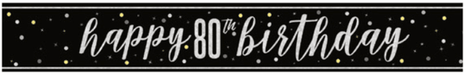 Black banner with white script text reading "happy 80th birthday" surrounded by gold and white confetti dots.