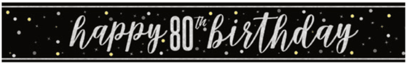 Black banner with white script text reading "happy 80th birthday" surrounded by gold and white confetti dots.