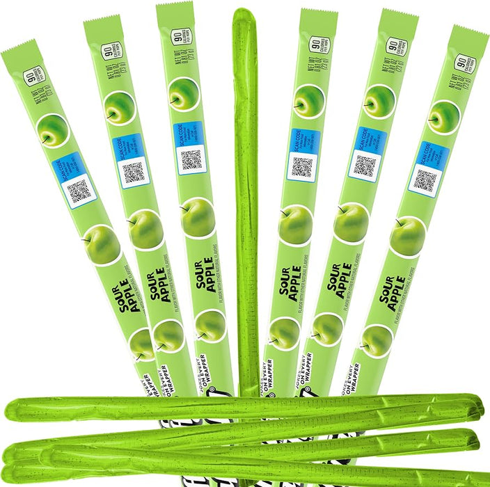 Laffy Taffy Rope Sour Apple: chewy candy ropes, green in color. Individually wrapped single piece.