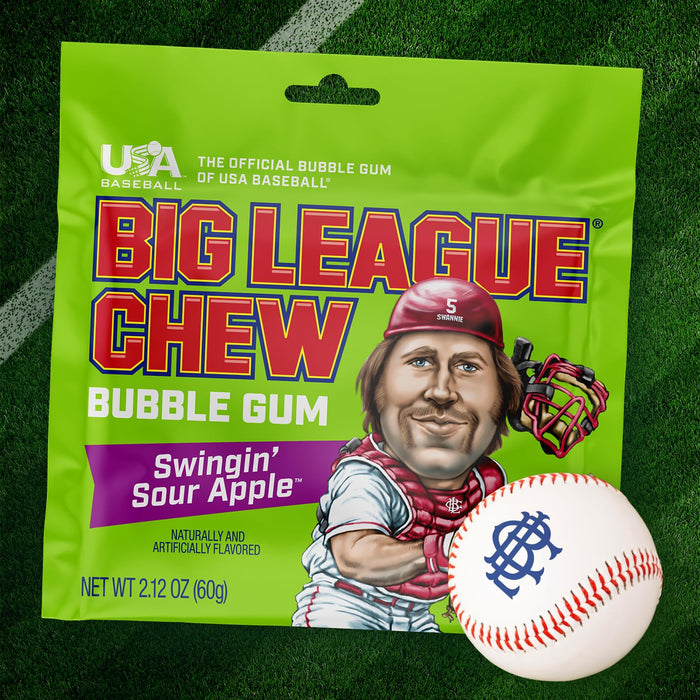Big League Chew Swingin' Sour Apple Bubblegum: shredded bubble gum, green in color. Sold in a 2.12 oz stand-up pouch, printed with the brand name and product.