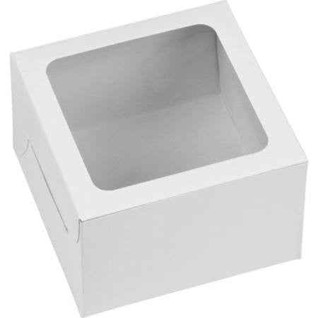 White cardboard cupcake box with clear plastic viewing window on top and folded sides, shown open and empty from an angled perspective.