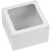 White cardboard cupcake box with clear plastic viewing window on top and folded sides, shown open and empty from an angled perspective.