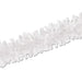 White ruffled tissue festooning garland displayed diagonally against a white background, showing the full length of crinkled decorative trim.