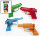 Four translucent plastic water pistols in green, red, blue, and orange with yellow trigger guards, displayed with a small product box showing the six-count set.