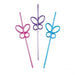 Three colorful flexible straws with butterfly-shaped toppers in pink, purple, and blue arranged side by side.