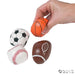 Hand holding orange basketball above a white and black soccer ball, white baseball with red stitching, and brown football with white laces.