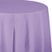 Lavender round tablecloth with pleated skirt draping down the sides of a round table.
