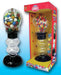 Classic gumball machine with spherical globe top filled with colorful gumballs, clear cylindrical coin slot base, and black base stand, shown both assembled and in red retail packaging.