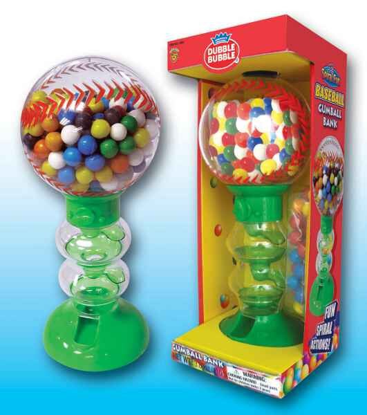 Vintage-style gumball machine with green plastic base, clear globe filled with colorful gumballs, and matching packaging box displayed side by side.