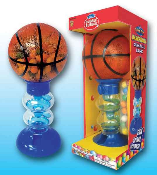 Basketball-shaped gumball dispenser with blue base and clear bubble chamber shown next to its colorful red and yellow retail packaging.