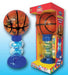 Basketball-shaped gumball dispenser with blue base and clear bubble chamber shown next to its colorful red and yellow retail packaging.