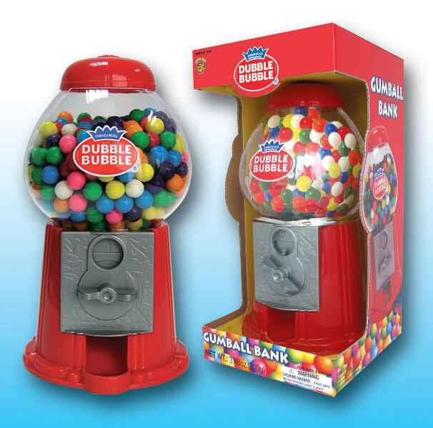 Red gumball machine bank with clear dome top filled with colorful gumballs, shown both assembled on left and boxed on right with packaging visible.