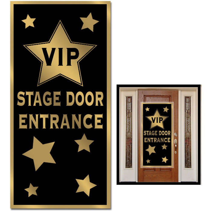 Black and gold VIP Stage Door Entrance banner featuring a large gold star with "VIP" text, smaller gold stars scattered around, and gold border, shown both as a flat product and applied to a wooden door.