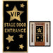 Black and gold VIP Stage Door Entrance banner featuring a large gold star with "VIP" text, smaller gold stars scattered around, and gold border, shown both as a flat product and applied to a wooden door.