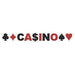 Glittered casino streamer banner featuring the word "CASINO" in red letters with playing card suit symbols in black, red, and heart designs, measuring 10 feet long.