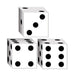 Three white cube-shaped dice boxes with black dots arranged in a pyramid formation, featuring traditional die face patterns on each visible side.